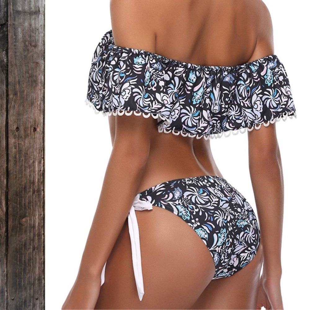 🆕👙Ruffle Off Shoulder Blk/Wht/Blue Bikini!👙🆕 - Picture 6 of 8